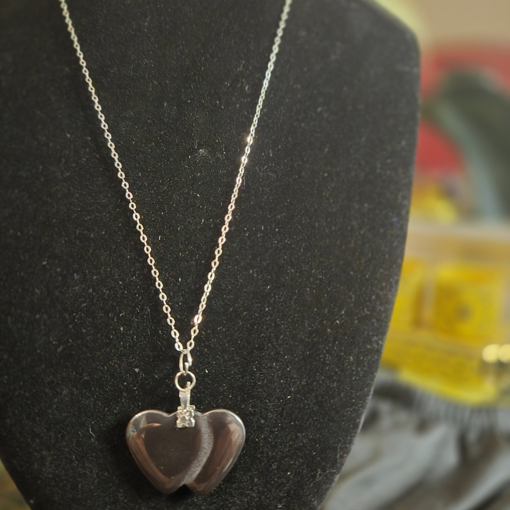 Italy 925 Sterling Silver Necklace w/ Carved Hematite Heart Pendant